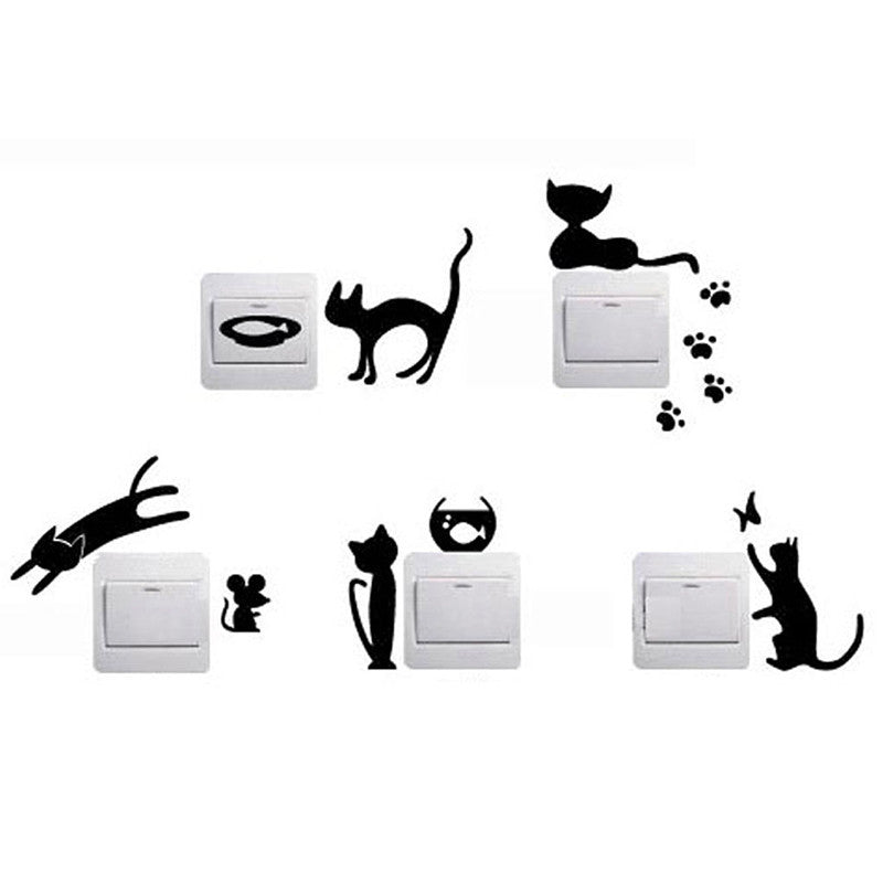 1 Set of 5 Cats Removable Cute Cat Light Switch Vinyl Wall Decal