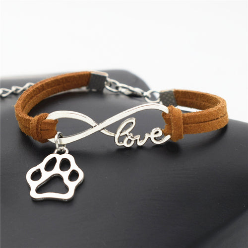 Antique Silver Cat Paw Charms Pendant Leather Infinity Love Bracelet