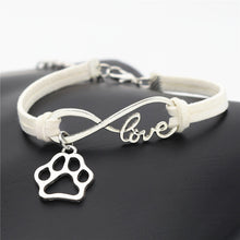 Antique Silver Cat Paw Charms Pendant Leather Infinity Love Bracelet