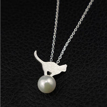 925 Sterling Silver Cat With Imitation Pearls Necklace & Pendant