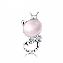 Silver Plated Pink Crystal Cat Pendant with Water Wave Necklace