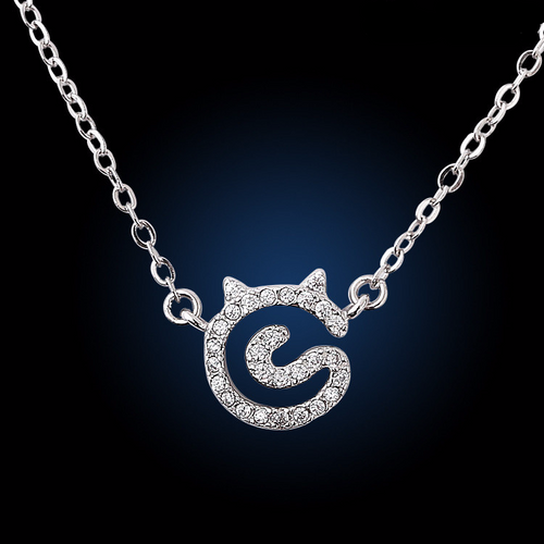 925 Sterling Silver Crystal Cat Necklaces Pendant