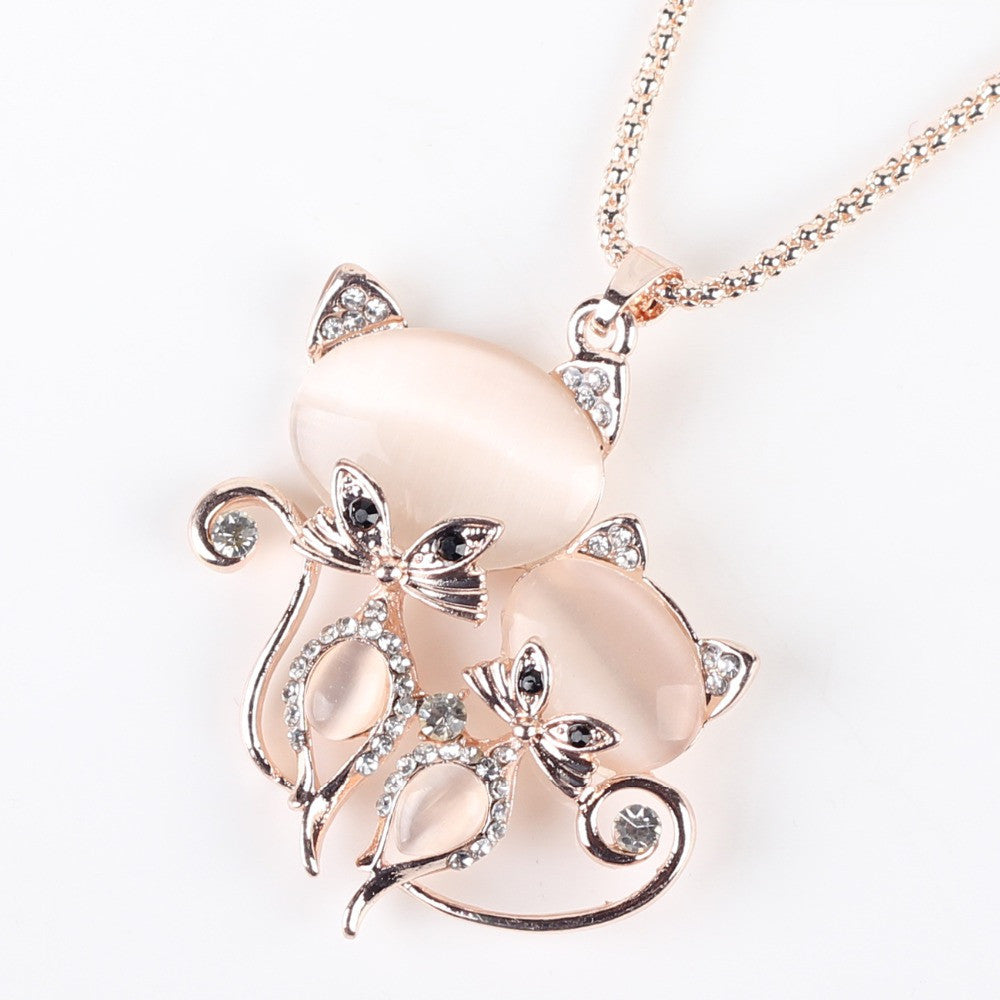 Bonsny Crystal Cat Pendant with Long Crystal Necklace