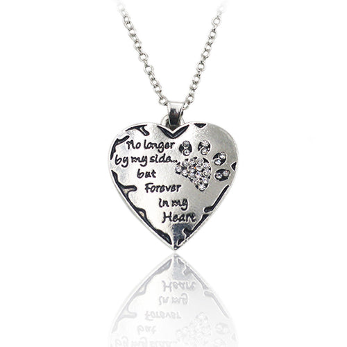 Silver Plated Clear Crystal Dog Paws No Longer By My Side But Forever In My Heart Pendant Necklace