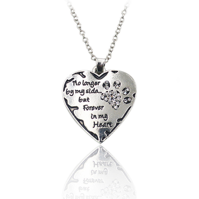 Silver Plated Clear Crystal Dog Paws No Longer By My Side But Forever In My Heart Pendant Necklace