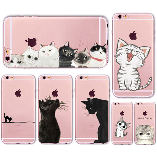 Cute Cat Transparent Soft Silicone Cell Phone Case For Apple iPhone 6 6s 7 Plus 6sPlus 6Plus 4 4s 5 5s SE
