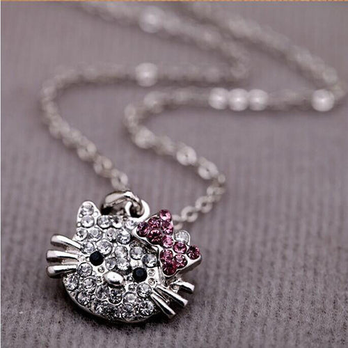 Rhinestone Cat Design Pendant Chain Necklace