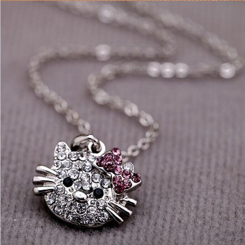 Rhinestone Cat Design Pendant Chain Necklace