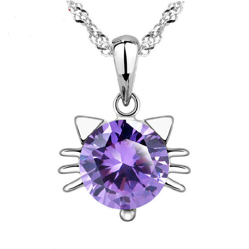 925 Silver Plated Cat Amethyst Pendant Necklace