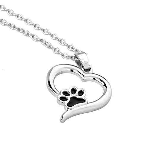 Silver Hollow Heart Cat Paw Print Pendant Necklace