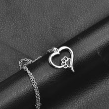 Silver Hollow Heart Cat Paw Print Pendant Necklace