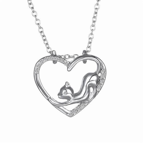 Silver Cat In My Heart Pendant Necklace