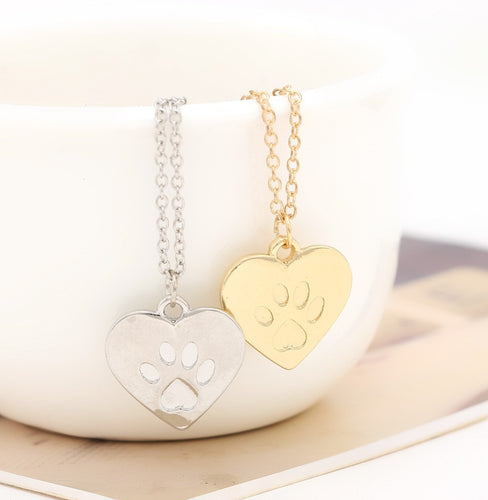 Gold / Silver Heart with Kitty Cat Paw Print Pendant Necklace