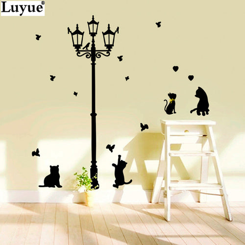 Cats and Birds with Street Lamp Post Wall Stickers