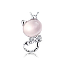 Silver Plated Pink Crystal Cat Pendant with Water Wave Necklace