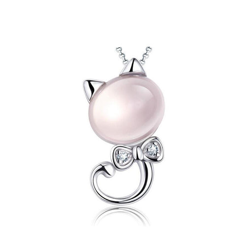 Silver Plated Pink Crystal Cat Pendant with Water Wave Necklace