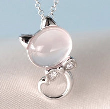 Silver Plated Pink Crystal Cat Pendant with Water Wave Necklace