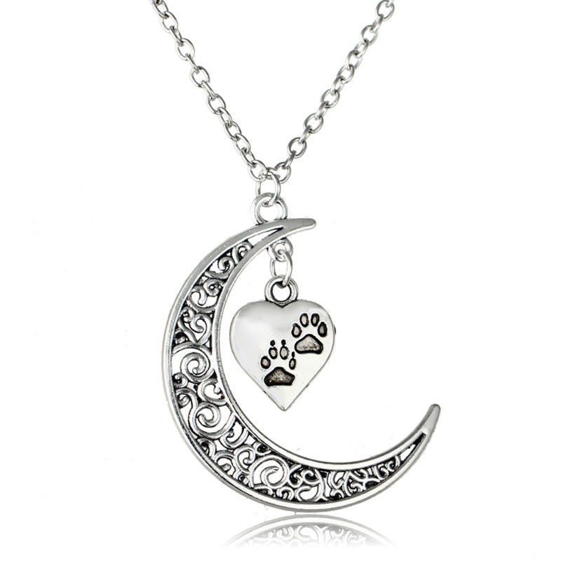 Heart Paws in Moon Pendant Necklace