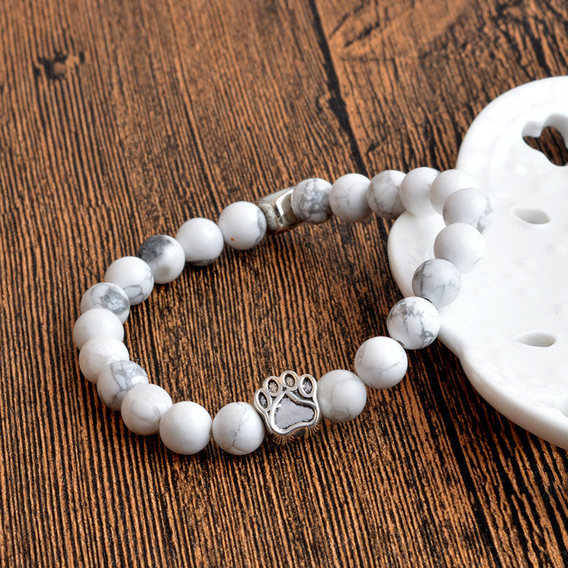 Anitique Silver Cat Paw Print Charm Stone Bracelet