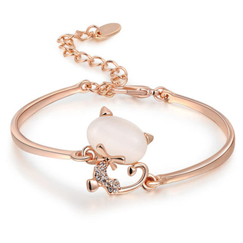 Rose / White Gold Plated Opal Stone Cat Charm Bracelets