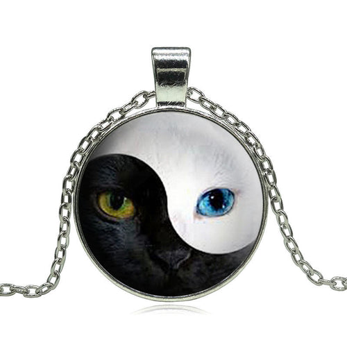 Blue Cat Eye Silver Glass Dome Round Choker Necklace