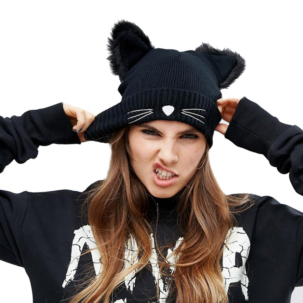 Cat Ear Crochet Braided Knitted Ski Fur Cap