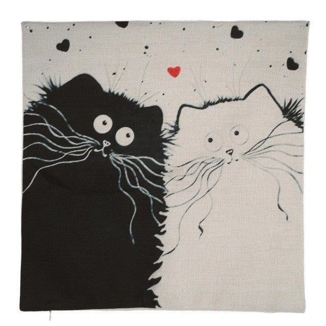 Silly Black and White Cat Square Decorative Cotton / Linen Pillowcase 18x18 inches