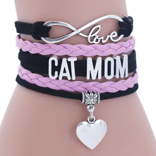 Infinity Heart Cat Mom Leather Charm Bracelet