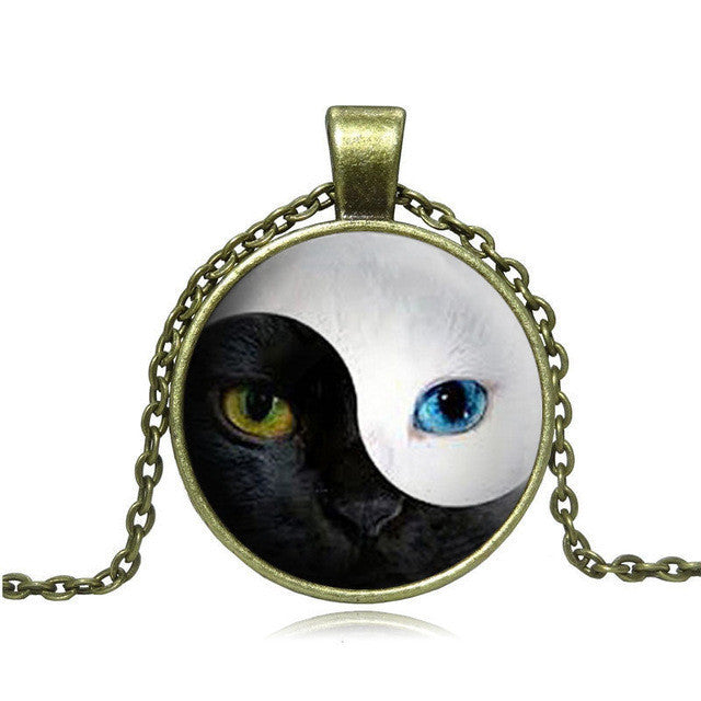 Blue Cat Eye Silver Glass Dome Round Choker Necklace