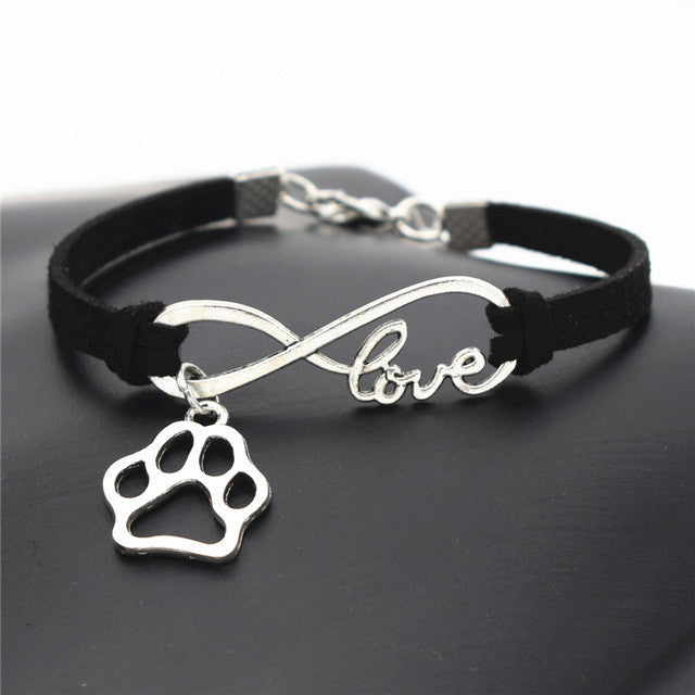 Antique Silver Cat Paw Charms Pendant Leather Infinity Love Bracelet