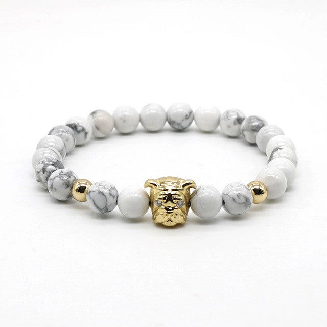 Gold Plated Bull Dog with White turquoise Stone Beads Bracelet