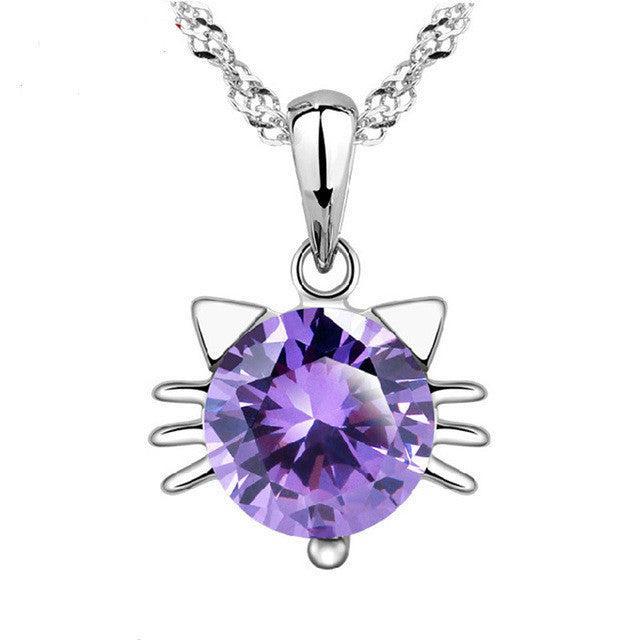 925 Silver Plated Cat Amethyst Pendant Necklace