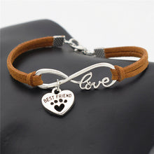 Antique Silver Cat Paw Charms Pendant Leather Infinity Love Bracelet