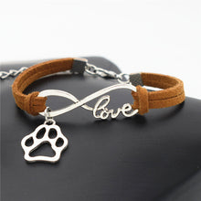 Antique Silver Cat Paw Charms Pendant Leather Infinity Love Bracelet
