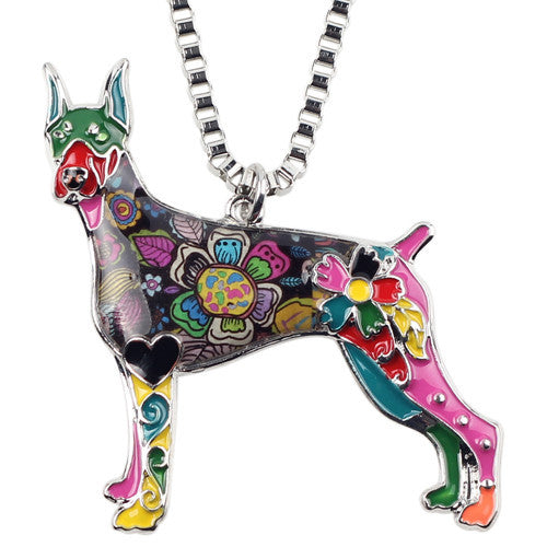 Enamel Doberman Dog Pendant Necklace