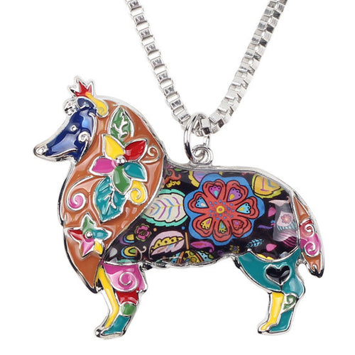 Enamel Border Rough Collie Dog Pendant Necklace