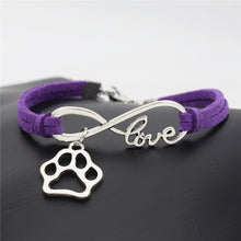 Antique Silver Cat Paw Charms Pendant Leather Infinity Love Bracelet