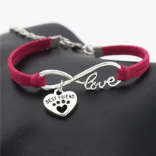 Antique Silver Cat Paw Charms Pendant Leather Infinity Love Bracelet