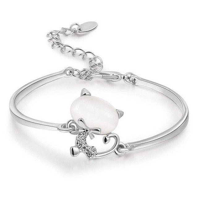 Rose / White Gold Plated Opal Stone Cat Charm Bracelets