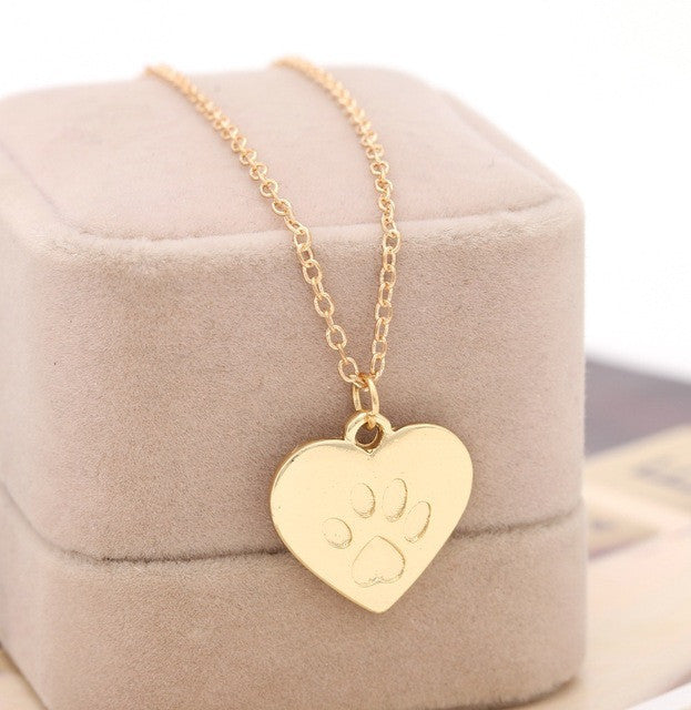 Gold / Silver Heart with Kitty Cat Paw Print Pendant Necklace